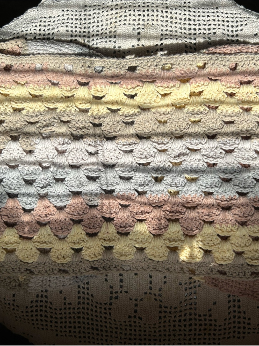 Crochet Shell-Pattern Women’s Sweater in Cream, Pink & Yellow